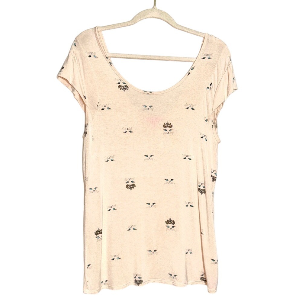 Betsy Johnson Cozy Kitty Print Lounge Sleep Top Pajama Shirt Blush T-Shirt Large
